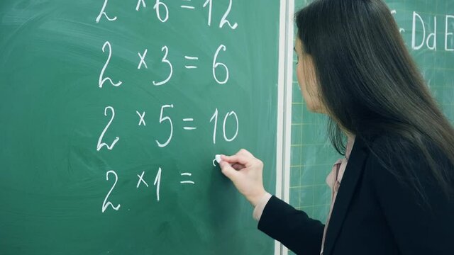 Elementary school. Teacher writing numbers on green chalk board in classroom. Education concept