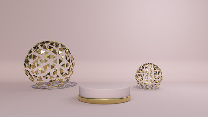 3D Podium. Mock-up Scene. Abstract Geometry with Golden Elements. Minimal Geometric Shapes. Design Element for Stuff