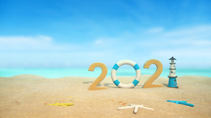 Happy new year 2021 text on the beach with sea background.3d rendering.sea concept