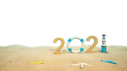 Happy new year 2021 text on the beach with white background.3d rendering.sea concept