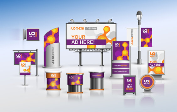 Purple outdoor advertising design for corporate identity with orange molecules. Stationery set