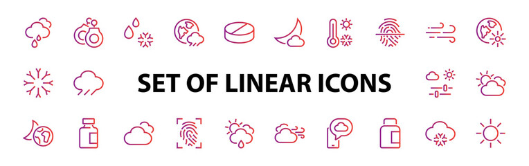 WEATHER set of icons, icons such as weather forecast and clouds, wind, rain, snow, weather settings and sunny weather and much more. Editable stroke, simple vector lines