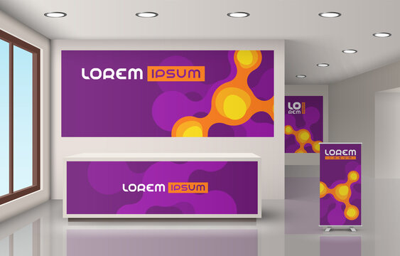 Purple office design with orange molecules. Elements of interior advertising. Corporate identity