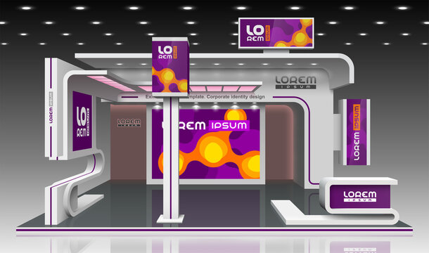 Purple exhibition stand design with orange molecules. Booth template. Corporate identity