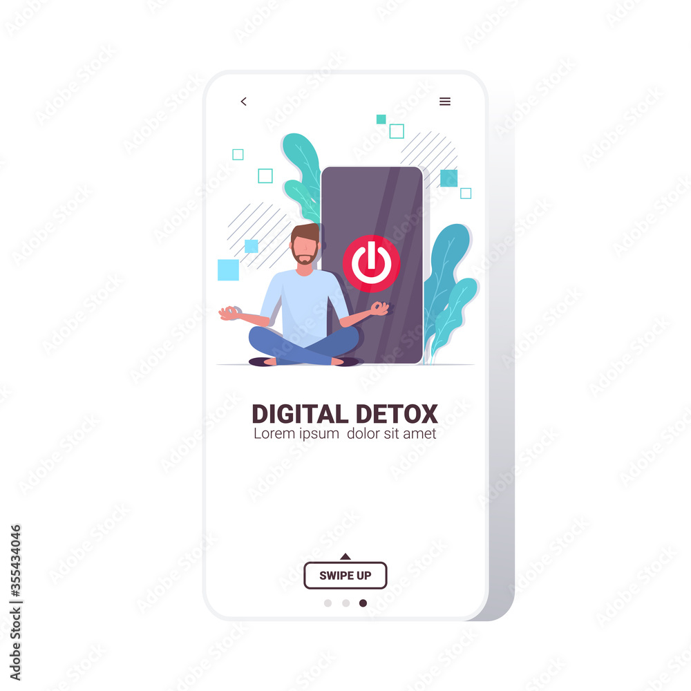 Poster man sitting lotus pose smartphone with turn off button on screen digital detox concept guy abandonin