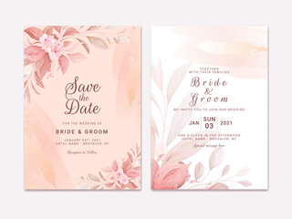 Wedding invitation template set with romantic floral border and gold watercolor. Roses and sakura flowers composition vector for save the date, greeting, thank you, rsvp card vector © KeepMakingArt