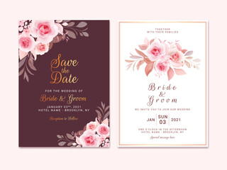 Fototapeta na wymiar Maroon wedding invitation template set with romantic floral border and bouquet. Roses and sakura flowers composition vector for save the date, greeting, thank you, rsvp card vector