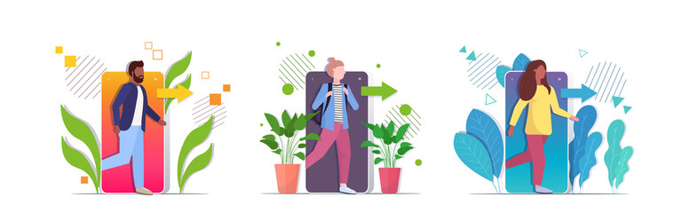 set people coming out of cellphone digital detox concept characters escaping from digital addiction abandoning internet and social networks horizontal full length vector illustration