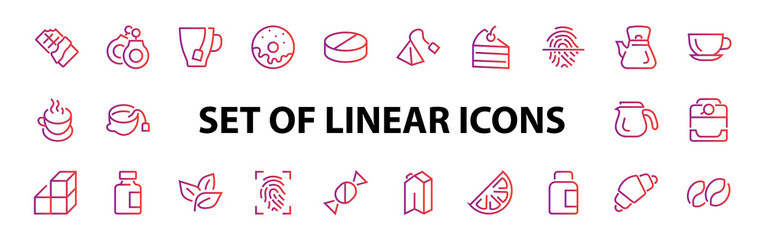COFFEE and TEA LINEAR ICONS SET, contains Icons of tea, tea bag, Coffee machine, cake, sugar, teapot, cup, milk, cream, Lemon, chocolate bar, Editable stroke
