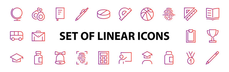 A simple set of school items. Contains icons such as student, award, geography, physical education, geometry and more. On white background. Editable stroke. 480x480