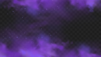 Purple smoke isolated on transparent dark background. Abstract purple powder explosion with particles and glitter. Smoke hookah, poison gas, violet dust, fog effect. Realistic vector illustration © janevasileva