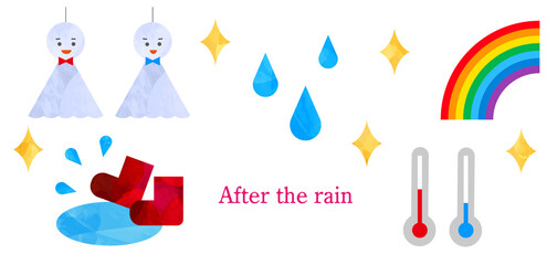 アートな切り抜き風の天気のイラストのセット、雨上がり、てるてるぼうず、虹