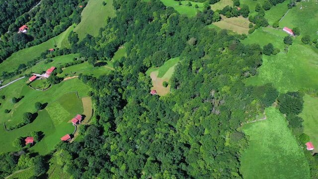 Aerial view with a drone of the countryside landscape, meadows and trees in Solana in the Miera Valley, Valles Pasiegos, Alto As&oacute;n, Cantabria, Spain, Europe