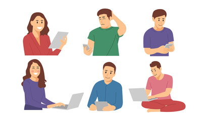 Set of People with gadgets in their hands. isolated person flat illustration