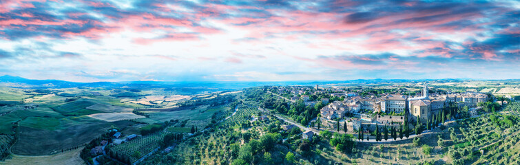 Pienza, Tuscany. Aerial view at sunset of famous medieval town