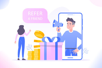 Referral marketing or affiliate marketing concept. Young man shouts on megaphone and invites his friends to earn online reward from refer a friend loyalty program, vector illustration