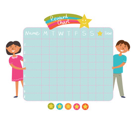 Daily Evening routine. Sticker rewards chart. School board for children with asterisks. Vector 