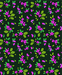 Fototapeta na wymiar Trendy seamles floral pattern with small flowers. Purple flowers on a dark green background. Leaves and points are scattered on the surface. A bouquet of spring flowers for fashion prints.