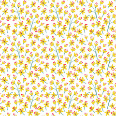 Cute floral pattern in the small flower. Ditsy print. Seamless vector texture. Elegant template for fashion prints. Printing with small yellowflowers.  White background.