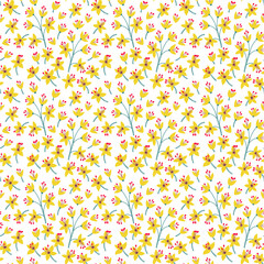 Cute floral pattern in the small flower. Ditsy print. Seamless vector texture. Elegant template for fashion prints. Printing with small yellowflowers.  White background.