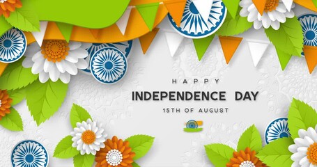 India Independence day seamless 4K loop video animation. Rotating wheel shapes on floral background in traditional tricolor of indian flag.
