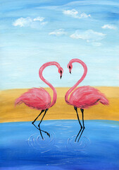 Loving birds of pink flamingos against a blue sky in the water