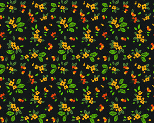 Vintage floral background. Seamless vector pattern for design and fashion prints. Flowers pattern with small yellow flowers on a dark background. Ditsy style.