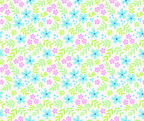 Fototapeta na wymiar Cute floral pattern in the small flower. Ditsy print. Seamless vector texture. Elegant template for fashion prints. Printing with small pink and light blue flowers. White background.