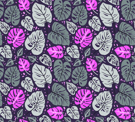 Seamless pattern with tropical leaves. Vector background with monstera leaf. Floral jungle ornament. Texture with tropic plants. Bright pink and gray leaves on a violet background.