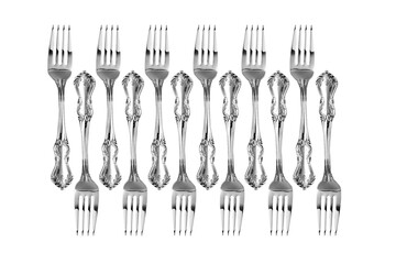 Silver forks cutlery set on isolated on white background.
