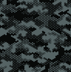 Seamless camouflage pattern. Repeating digital dotted hexagonal camo military texture background. Abstract modern fabric textile ornament. Vector illustration.