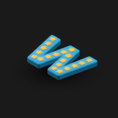 3D bold character 'W' with stars, isometric vector illustration