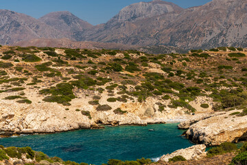 Fototapeta na wymiar Panoramic view of a sea and islands from the top of the mountain, on the island of Crete, Greece.