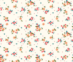 Floral pattern. Pretty flowers on white background. Printing with small light orange flowers. Ditsy print. Seamless vector texture. Spring bouquet.