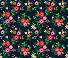 Elegant pattern in small flowers are scattered on the surface. Liberty style. Floral seamless background. Ditsy print. Vector texture. A bouquet of spring flowers for fashion prints.
