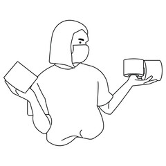 woman wear mask hoarding toilet paper outline vector illustration