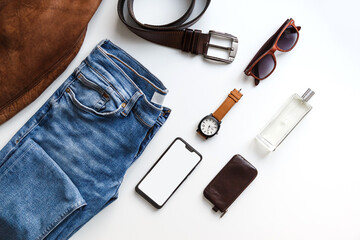 Male flat lay hipster summer fashion set of accessories and clothes on white
