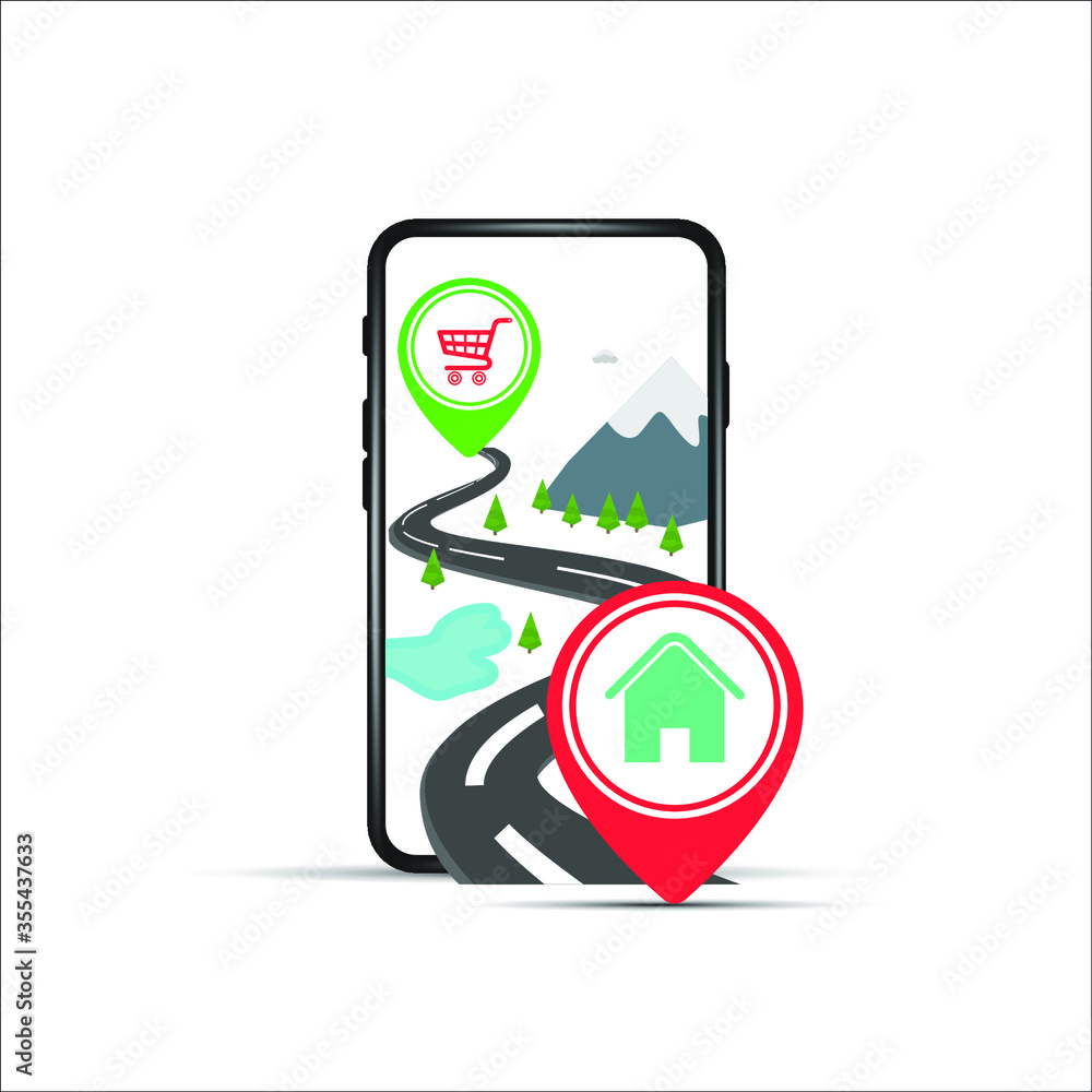 Aufkleber online shop concept - mobile phone and map with map pin.conceptual vector illustration in flat style