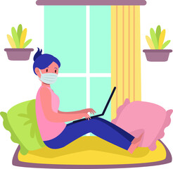 Woman is working from home while using medical mask
