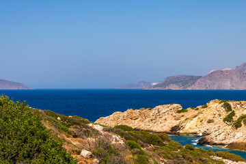 Panoramic view of a sea and islands from the top of the mountain, on the island of Crete, Greece.