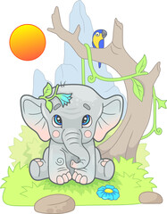 little cute elephant sits on the grass, funny illustration