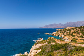 Panoramic view of a sea and islands from the top of the mountain, on the island of Crete, Greece.