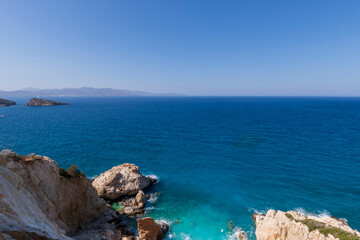 Panoramic view of a sea and islands from the top of the mountain, on the island of Crete, Greece.