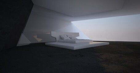 Abstract architectural minimalistic background. Modern villa made of black concrete. Сontemporary interior design. Bed room view to the sea. 3D illustration and rendering.