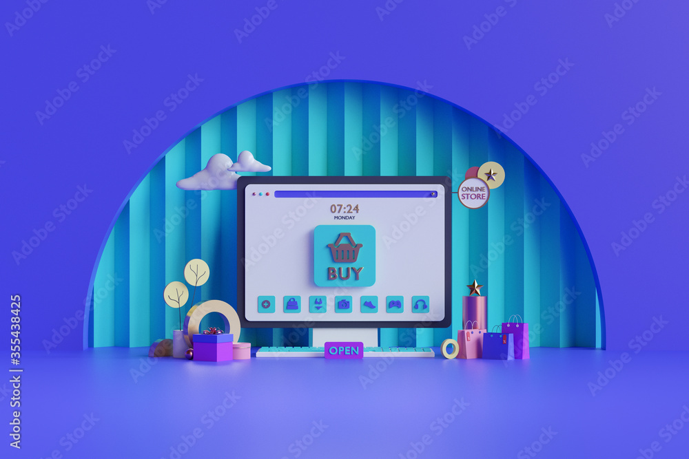 Poster shopping on-line. online store on website or mobile application. 3d rendering background. digital ma