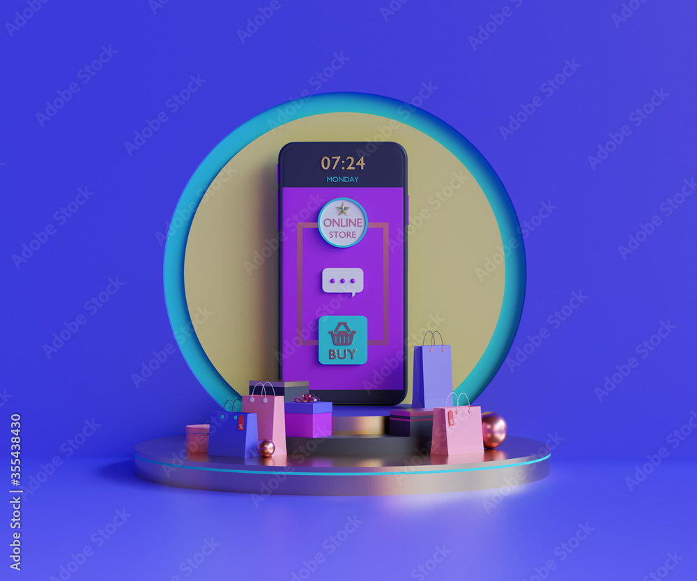 Aufkleber shopping on-line. online store on website or mobile application. 3d rendering background. digital ma