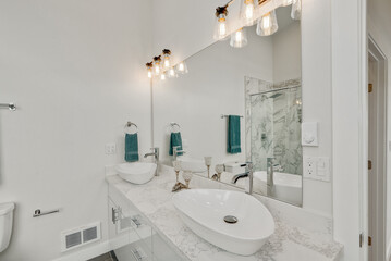 Luxury white bathroom interior with double vanity cabinet