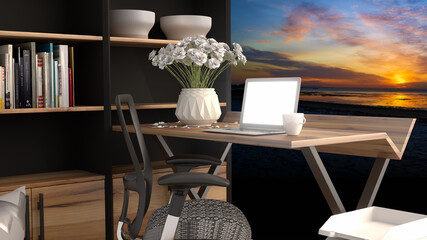 3D rendering of working space with shelf 