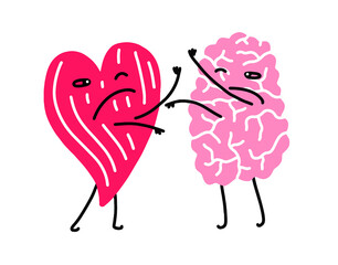 Brain fighting heart. Vector illustration with simple flat trendy colors.
