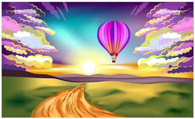 Hot air balloon in sunset. Multi-colored balloon flying sunset over the road. Color artistic image of a beautiful sunset.	